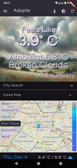 Adapte map view showing rain and snow overlay over the Paris region with controls for other overlays.