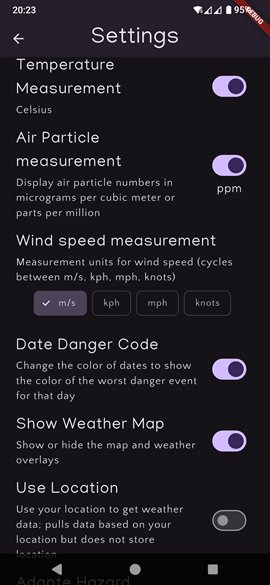 Settings screen with toggles for particle measurement units, wind speed units, date danger coding, map visibility, and location use.