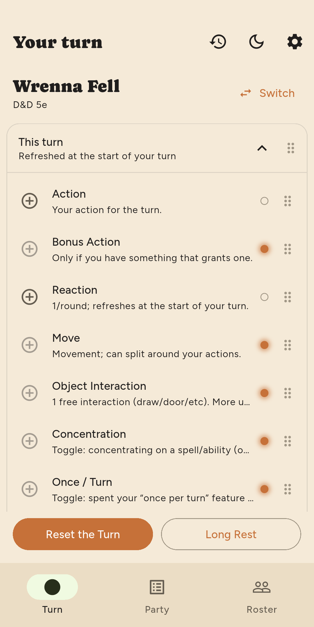 Turn tracker in light mode showing the current turn order.