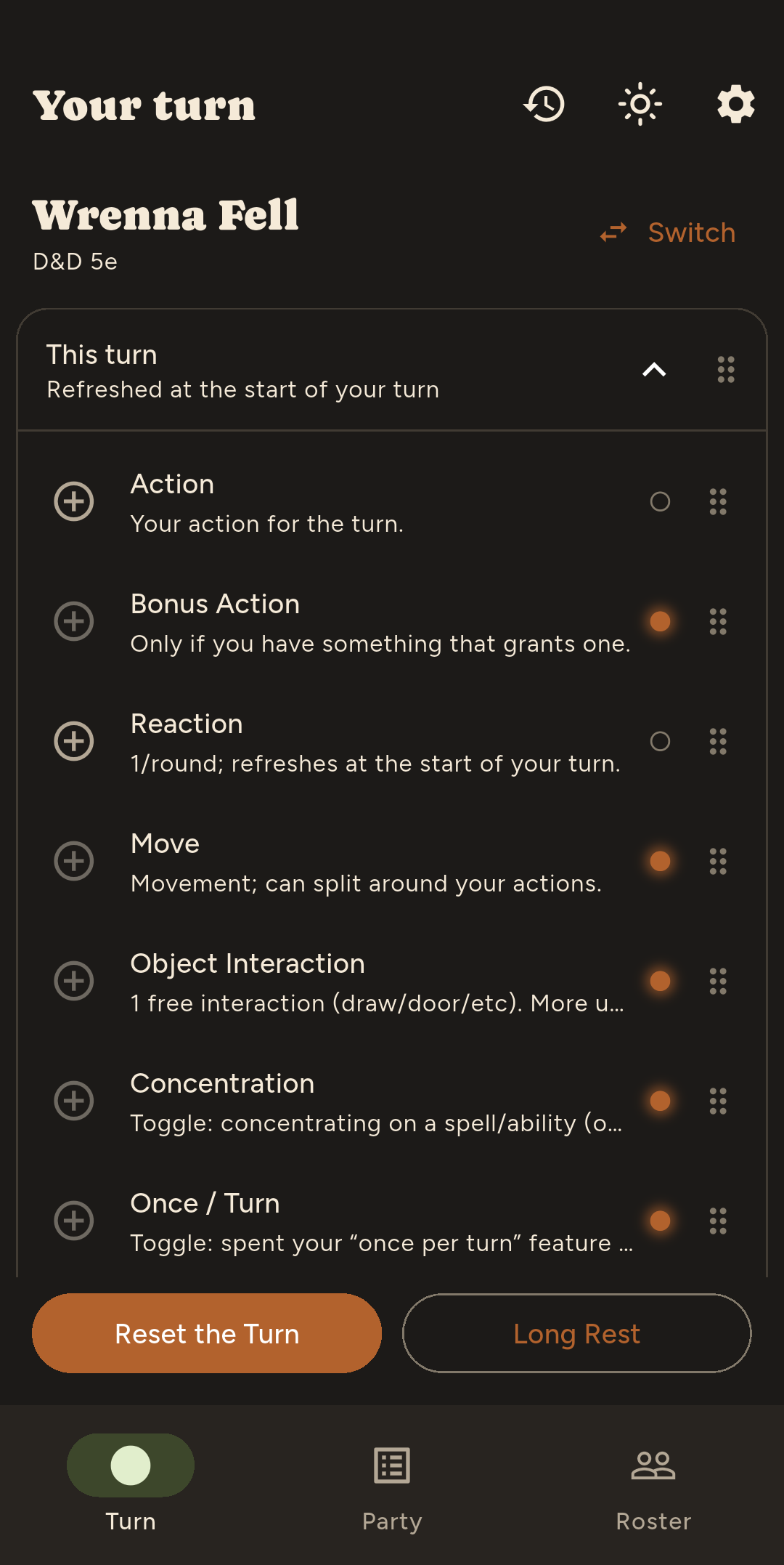 Turn tracker in dark mode.