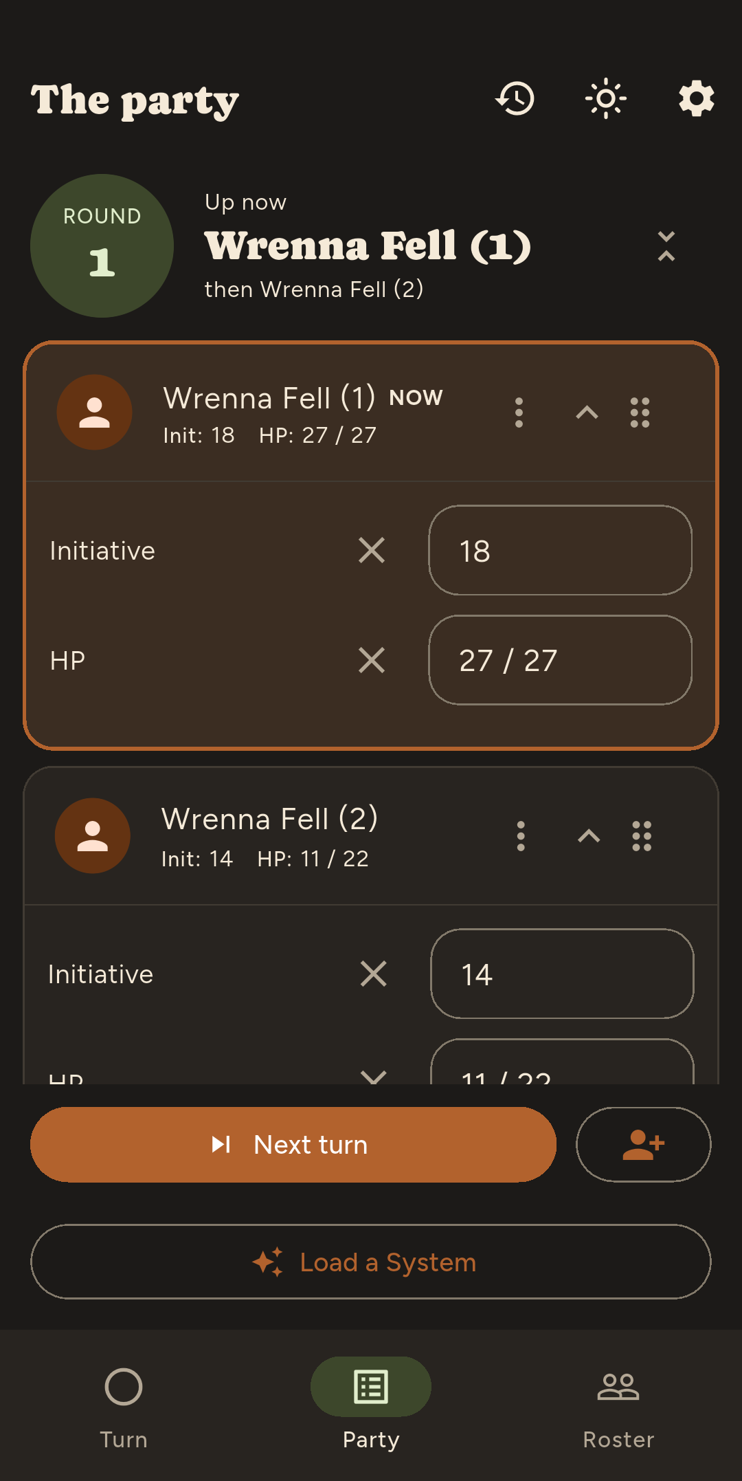 Turn order panel open in dark mode.