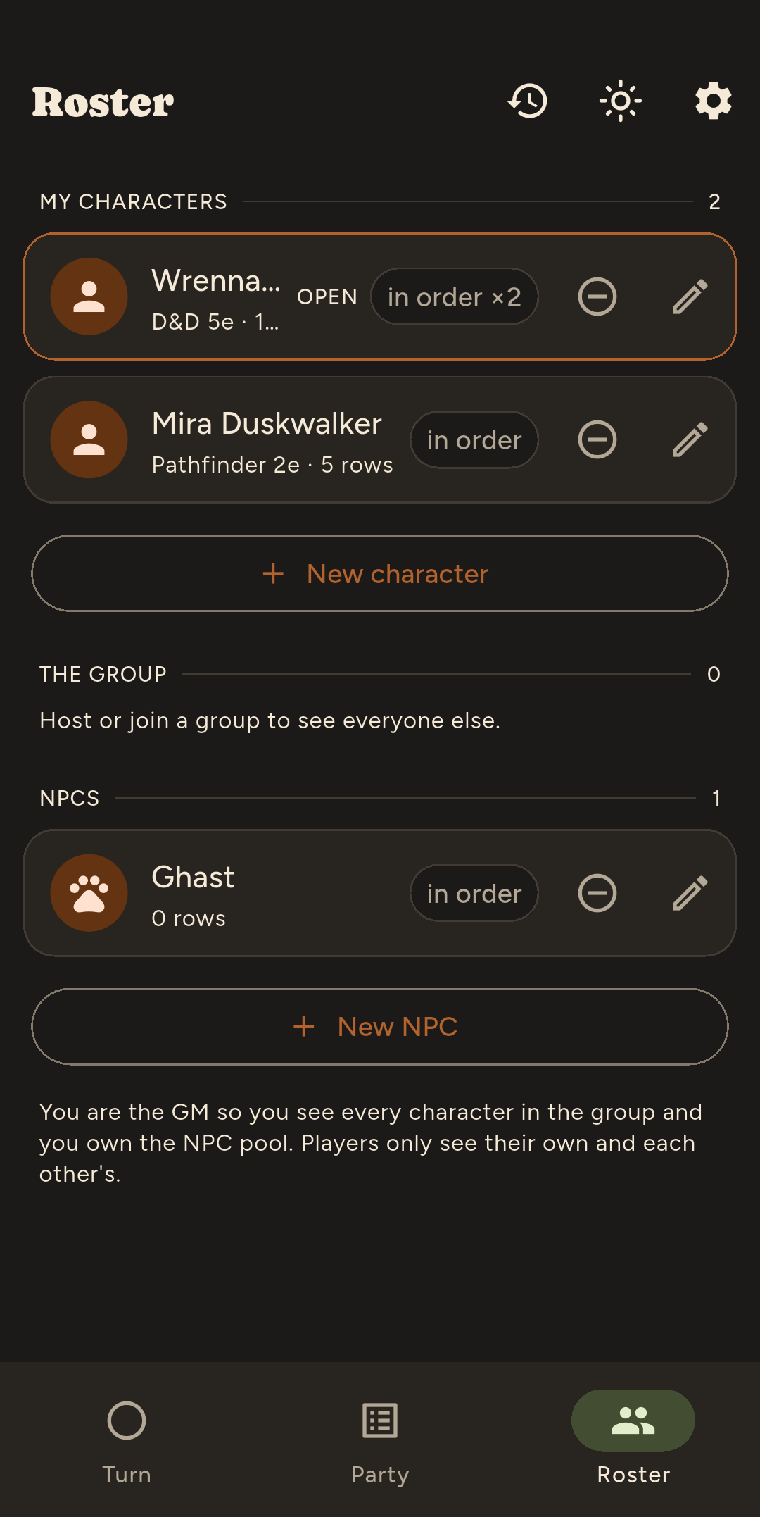 Roster screen listing characters and their remaining actions.