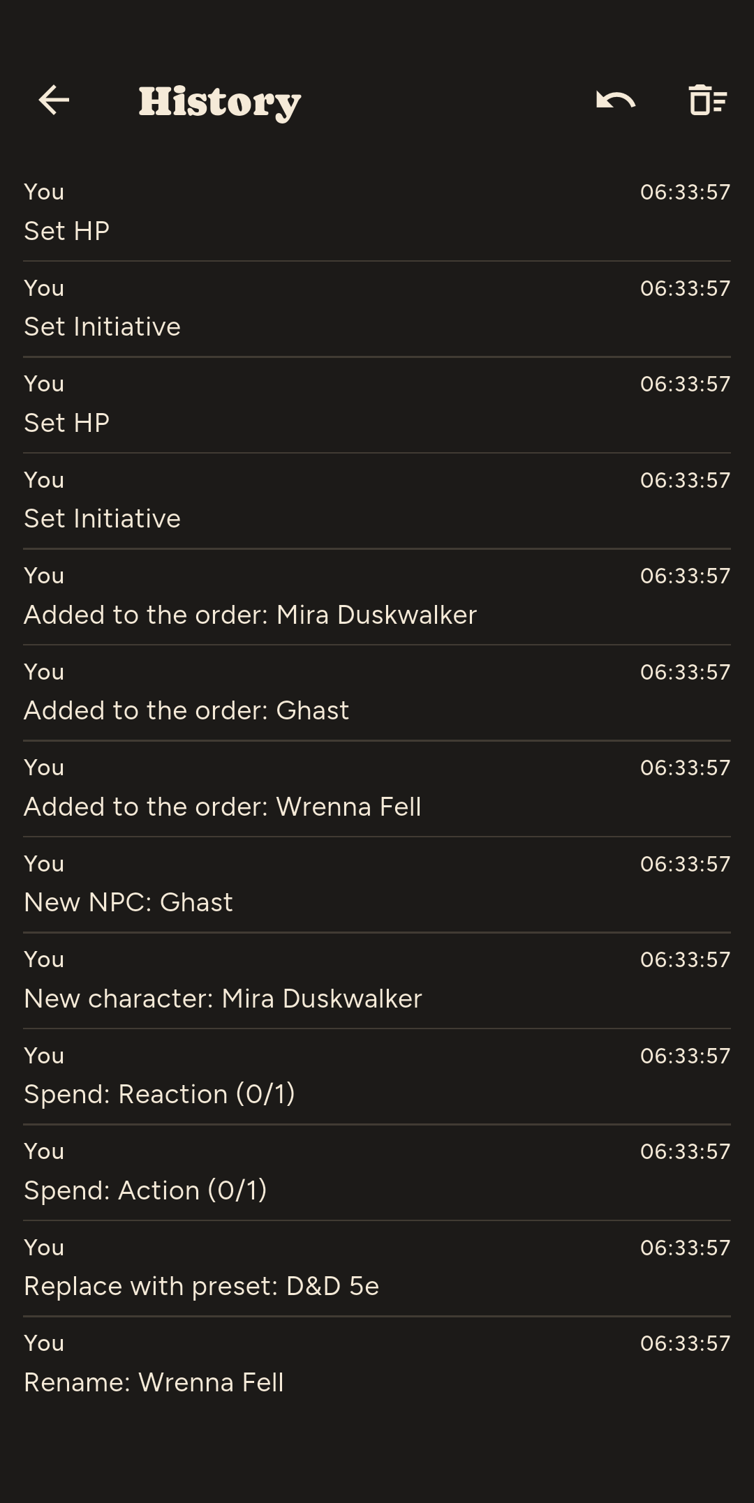 History log showing past turns and events.