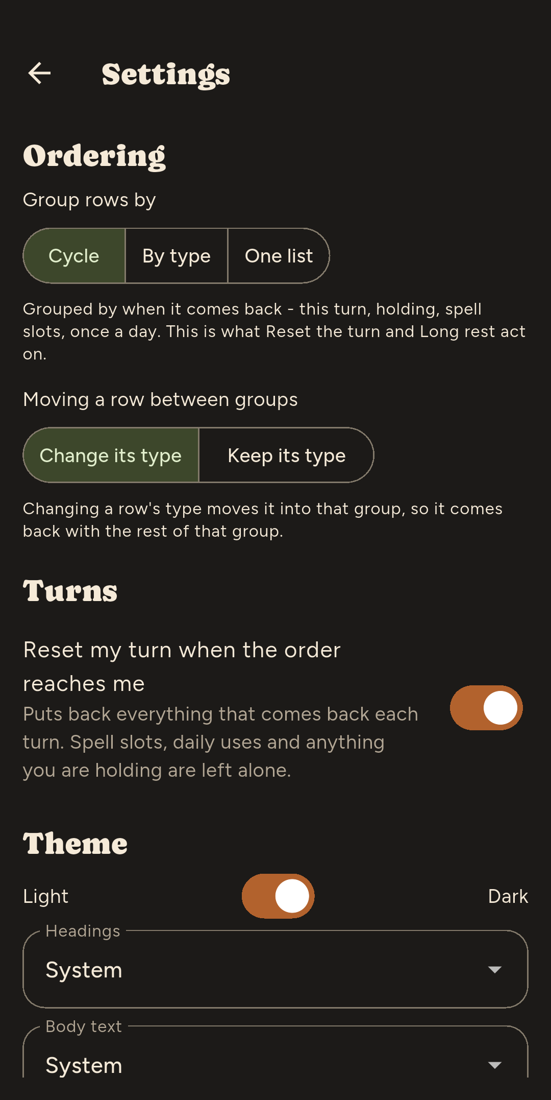 Settings screen with theme, font, and display options.