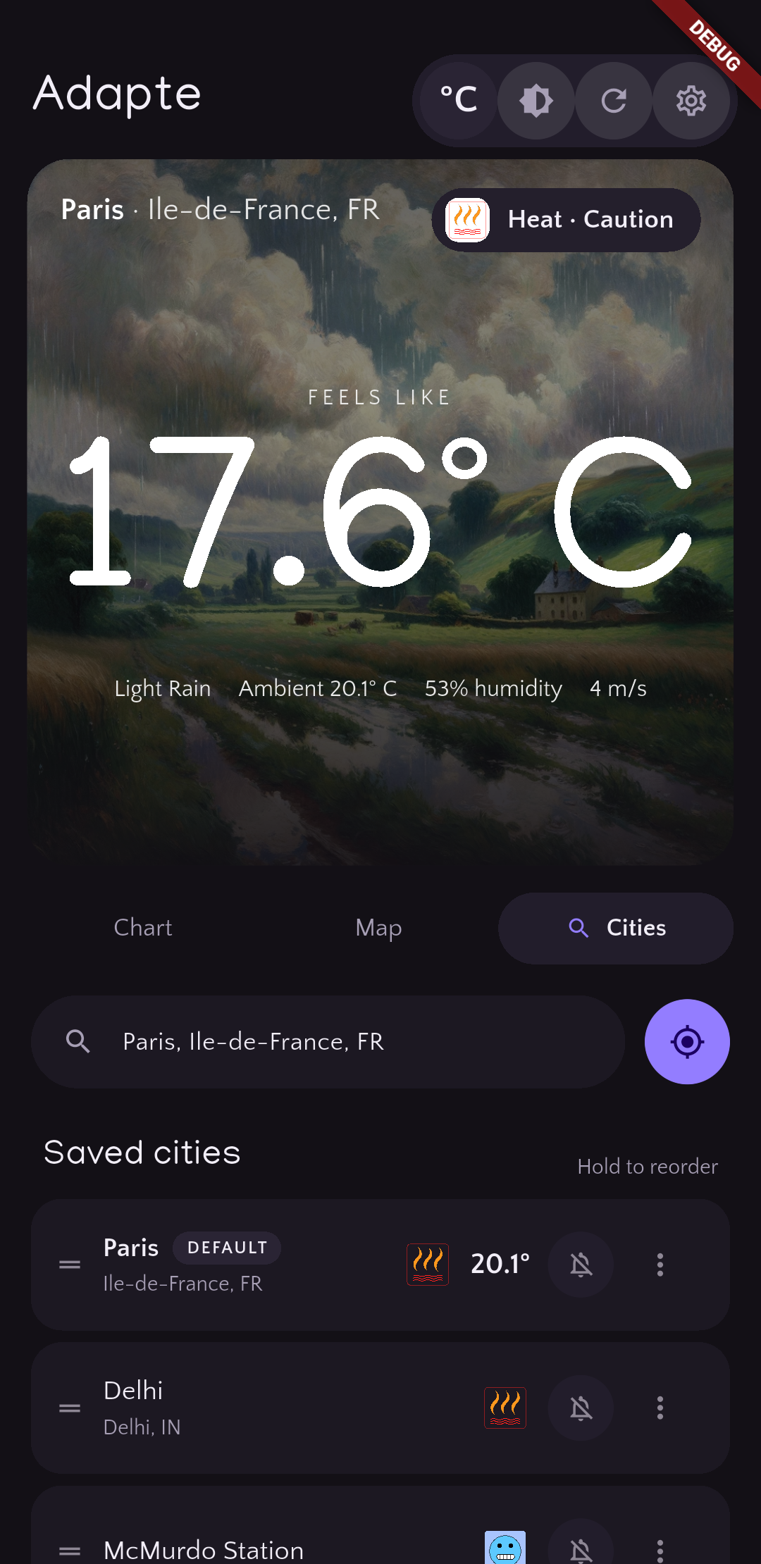 City search panel with saved cities list.