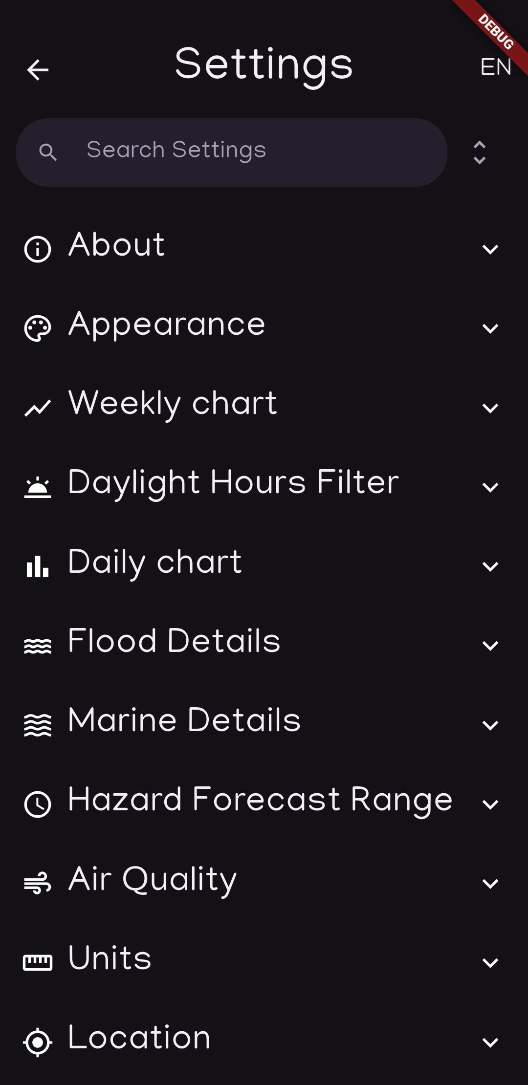 Settings screen for units, alerts, and display options.