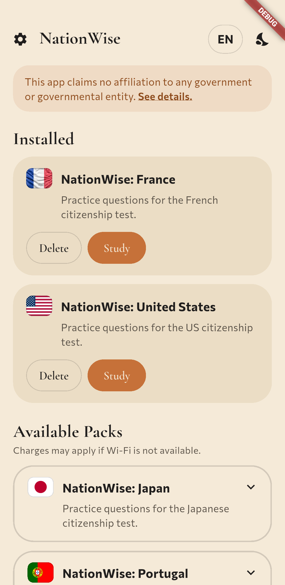 NationWise citizenship pack list in light mode.