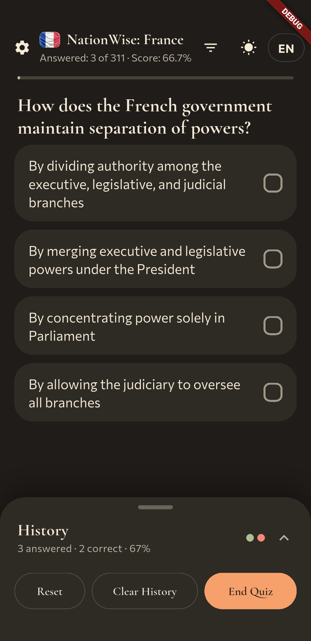 NationWise: France quiz question with multiple-choice answers.