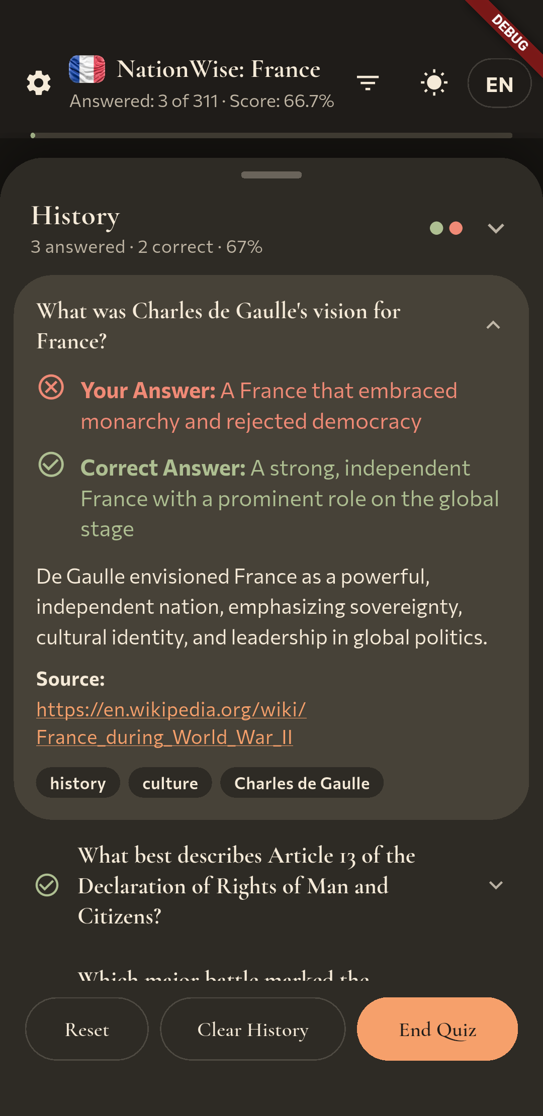 NationWise history entry expanded with the correct answer, explanation, and source.