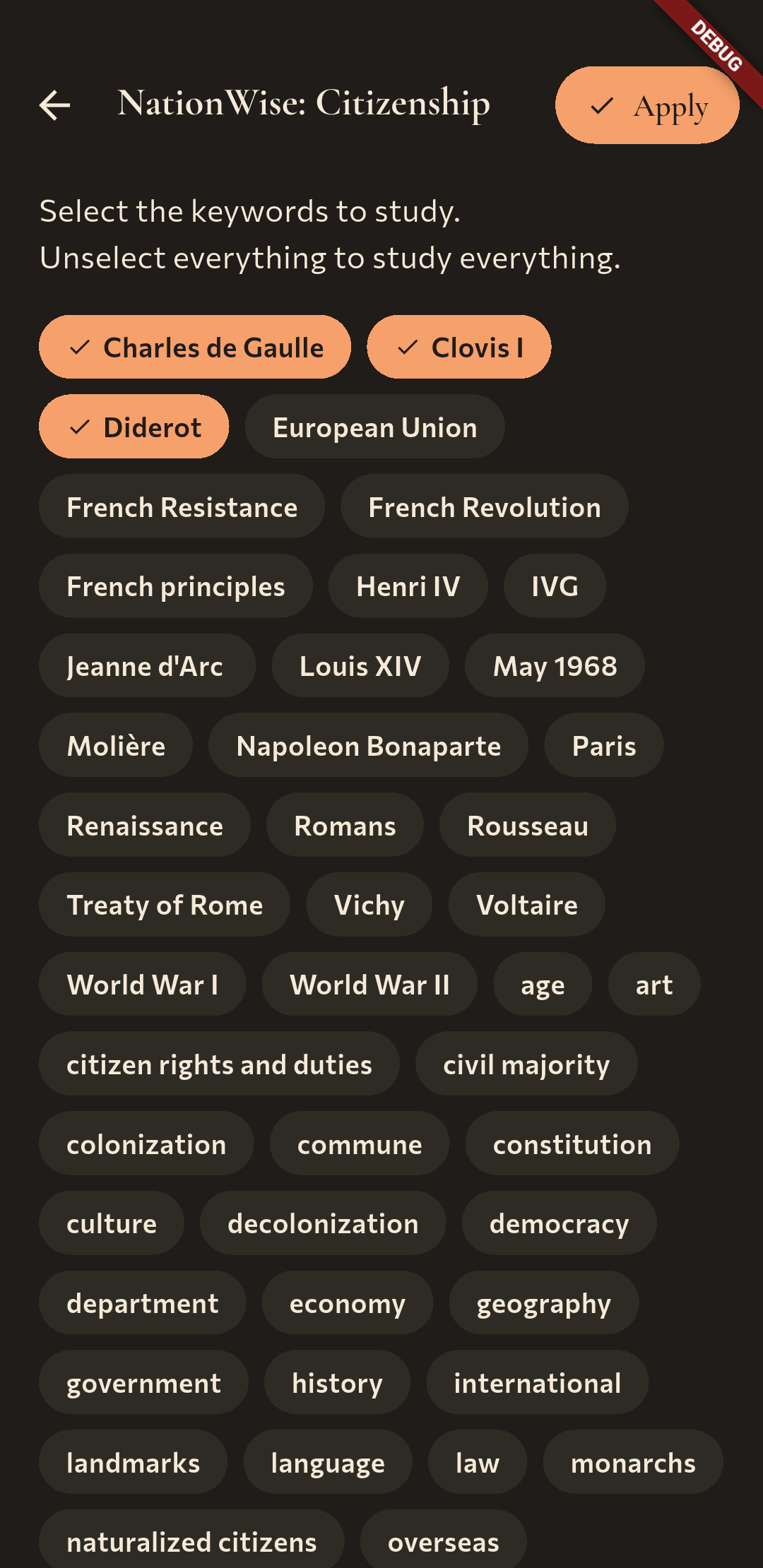 NationWise keyword selection screen.