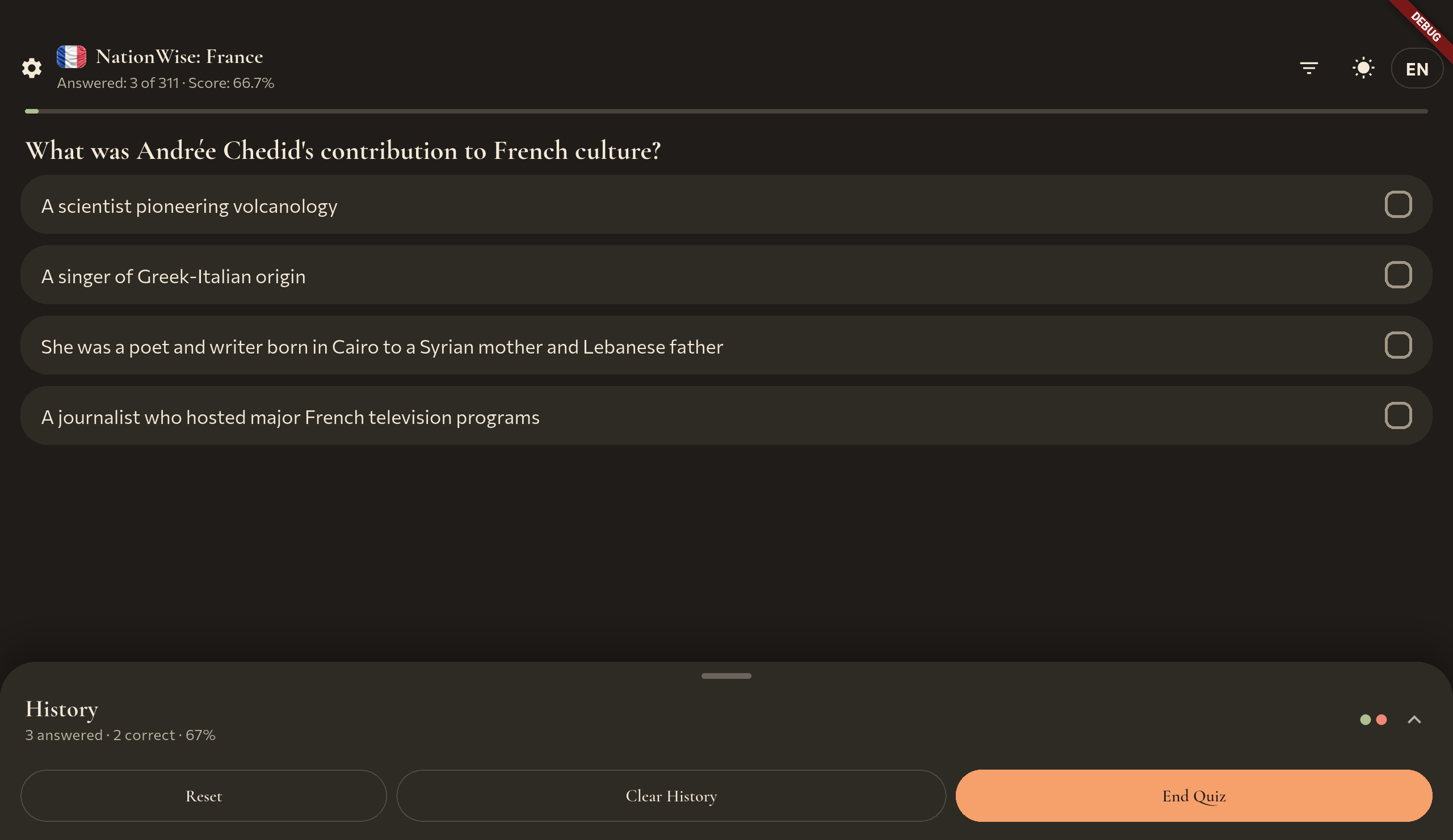 Tablet - NationWise quiz question with the history panel collapsed.